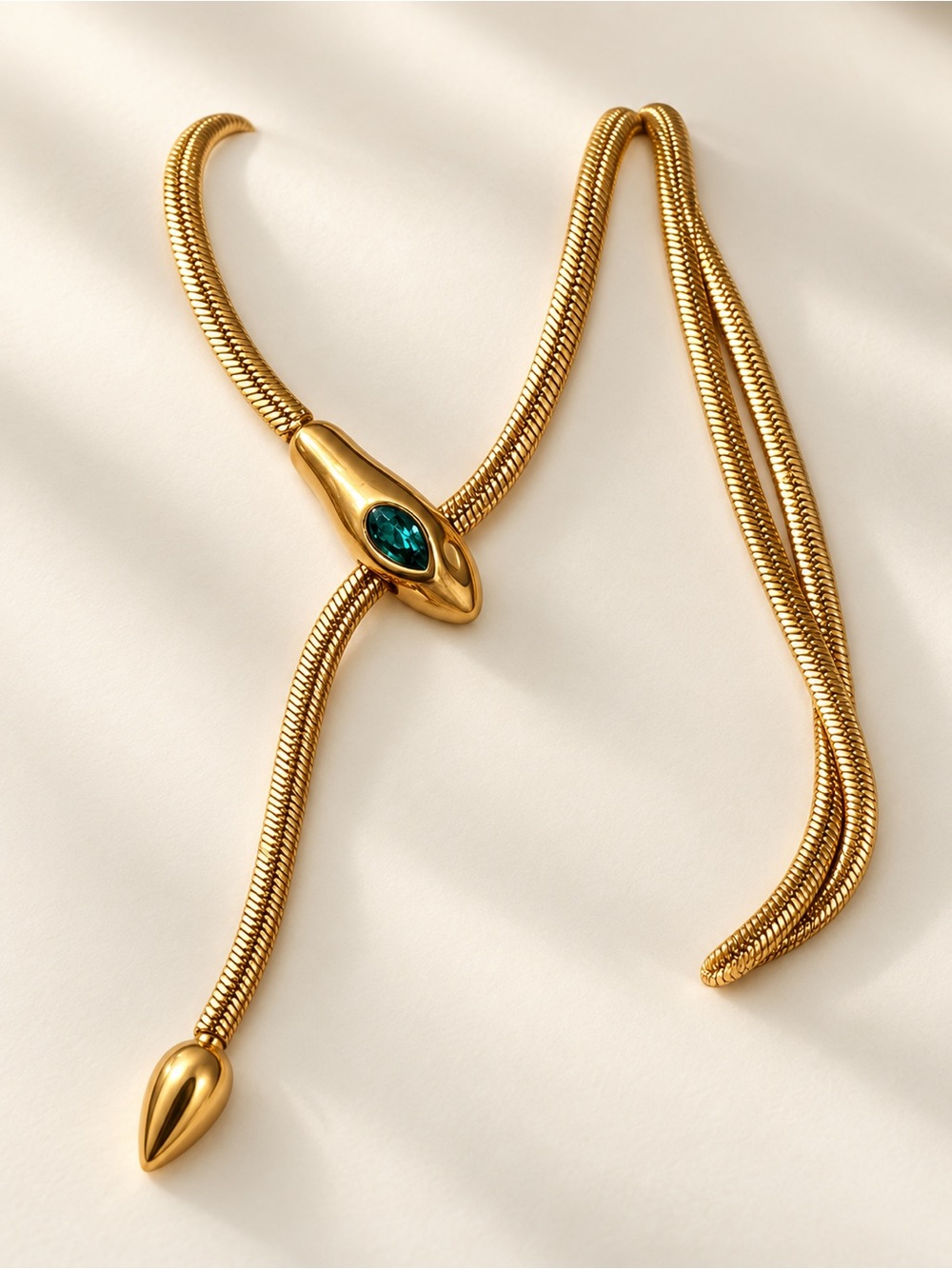 Gold-Plated Snake Lariat Necklace with Teal Stone 18 inches stainless steel